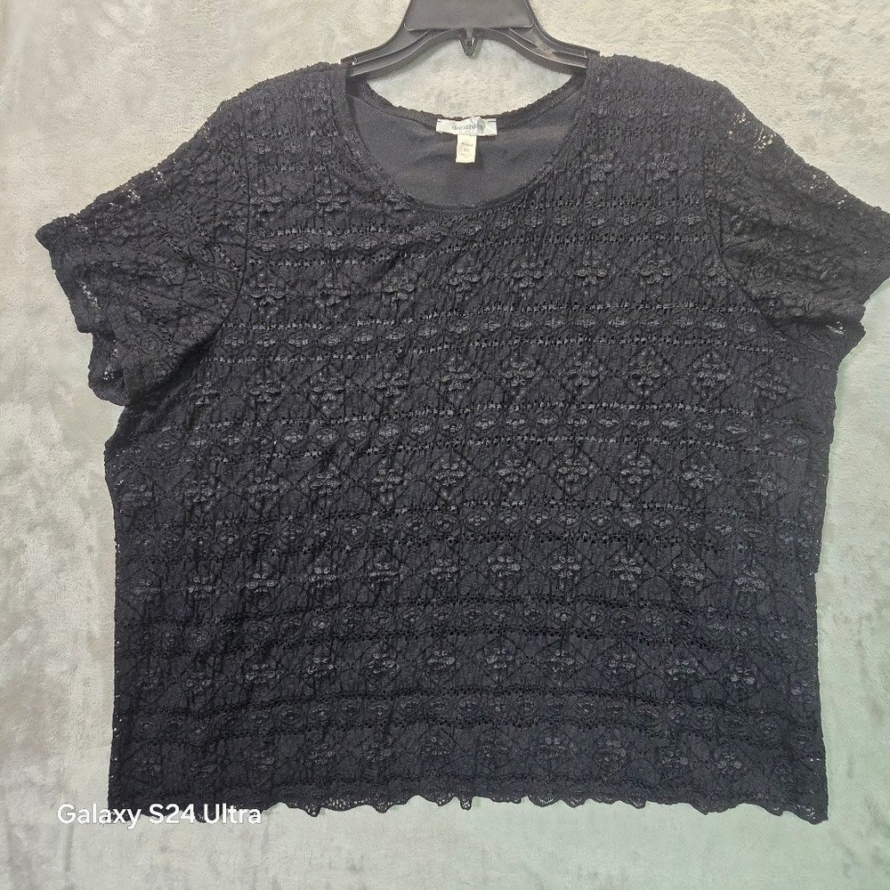 Dressbarn Woman Black Floral Lace Short Sleeve Lined Blouse Top 3X 0118